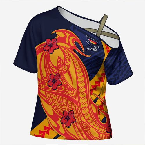 Personalized Adelaide Crows Cross Shoulder Shirt Polynesian Tribal Crow Mascot With Hibiscus Floral Art