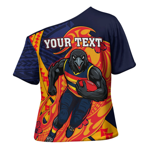 Personalized Adelaide Crows Cross Shoulder Shirt Polynesian Tribal Crow Mascot With Hibiscus Floral Art
