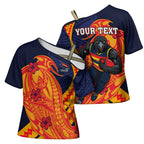 Personalized Adelaide Crows Cross Shoulder Shirt Polynesian Tribal Crow Mascot With Hibiscus Floral Art