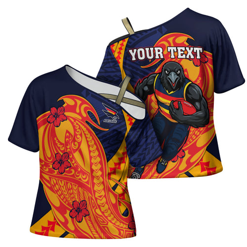 Personalized Adelaide Crows Cross Shoulder Shirt Polynesian Tribal Crow Mascot With Hibiscus Floral Art