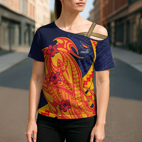 Personalized Adelaide Crows Cross Shoulder Shirt Polynesian Tribal Crow Mascot With Hibiscus Floral Art