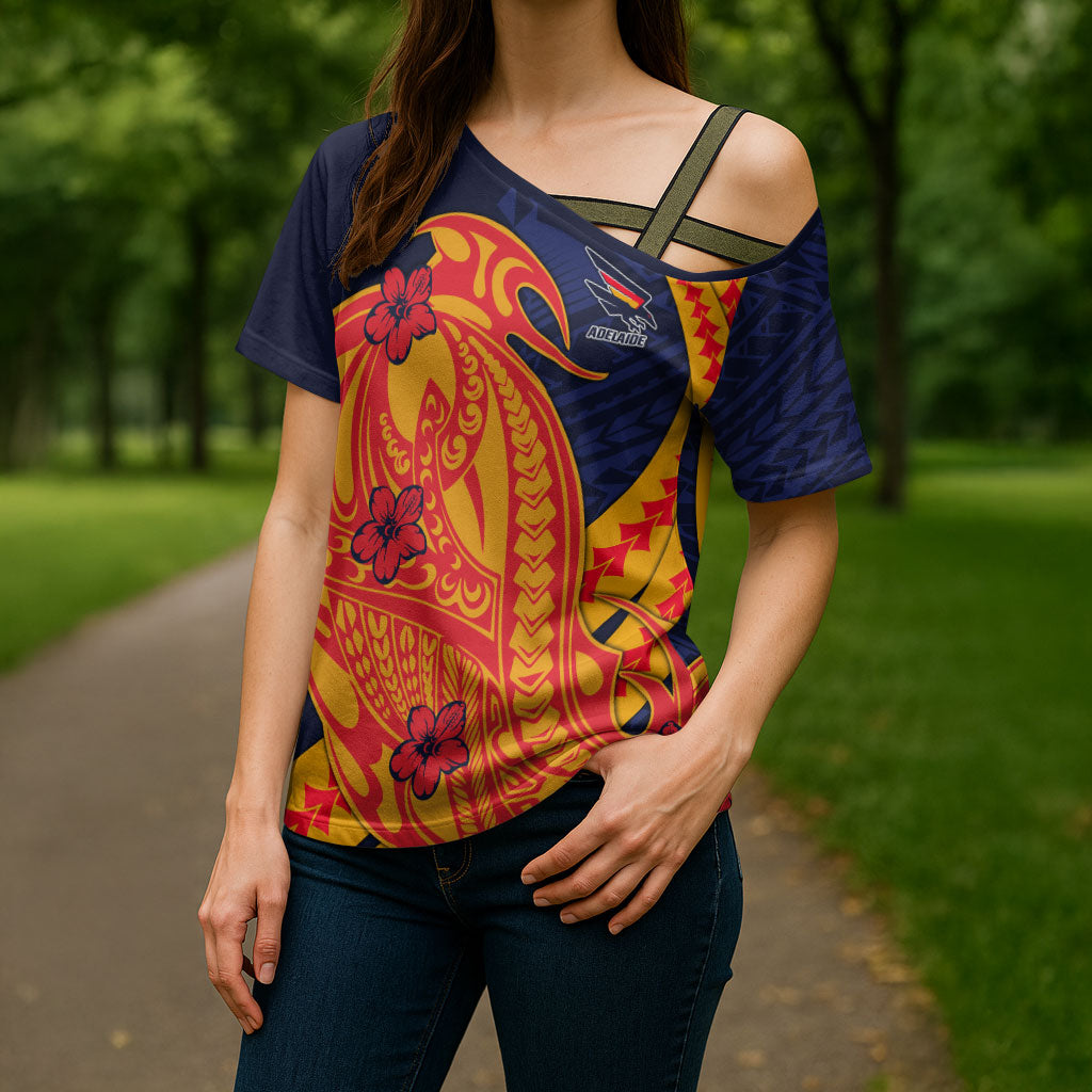 Personalized Adelaide Crows Cross Shoulder Shirt Polynesian Tribal Crow Mascot With Hibiscus Floral Art