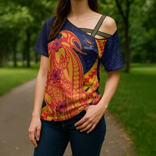 Personalized Adelaide Crows Cross Shoulder Shirt Polynesian Tribal Crow Mascot With Hibiscus Floral Art