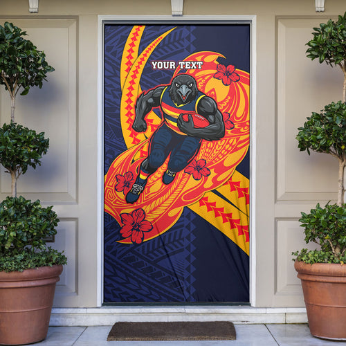 Personalized Adelaide Crows Door Cover Polynesian Tribal Crow Mascot With Hibiscus Floral Art