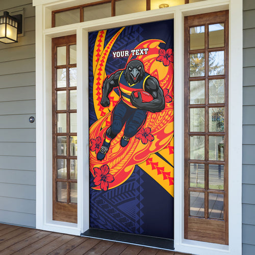 Personalized Adelaide Crows Door Cover Polynesian Tribal Crow Mascot With Hibiscus Floral Art