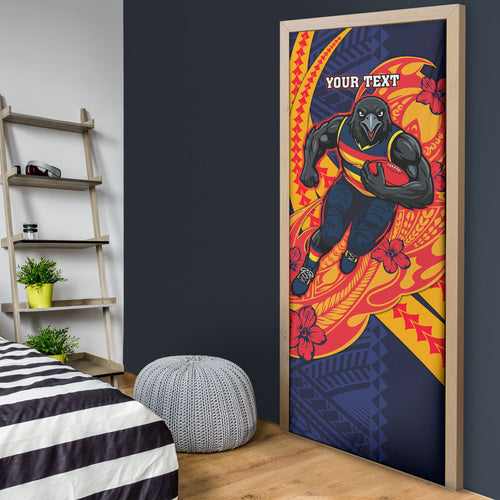 Personalized Adelaide Crows Door Cover Polynesian Tribal Crow Mascot With Hibiscus Floral Art