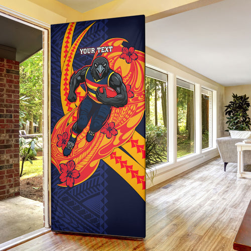 Personalized Adelaide Crows Door Cover Polynesian Tribal Crow Mascot With Hibiscus Floral Art