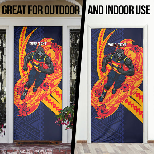 Personalized Adelaide Crows Door Cover Polynesian Tribal Crow Mascot With Hibiscus Floral Art