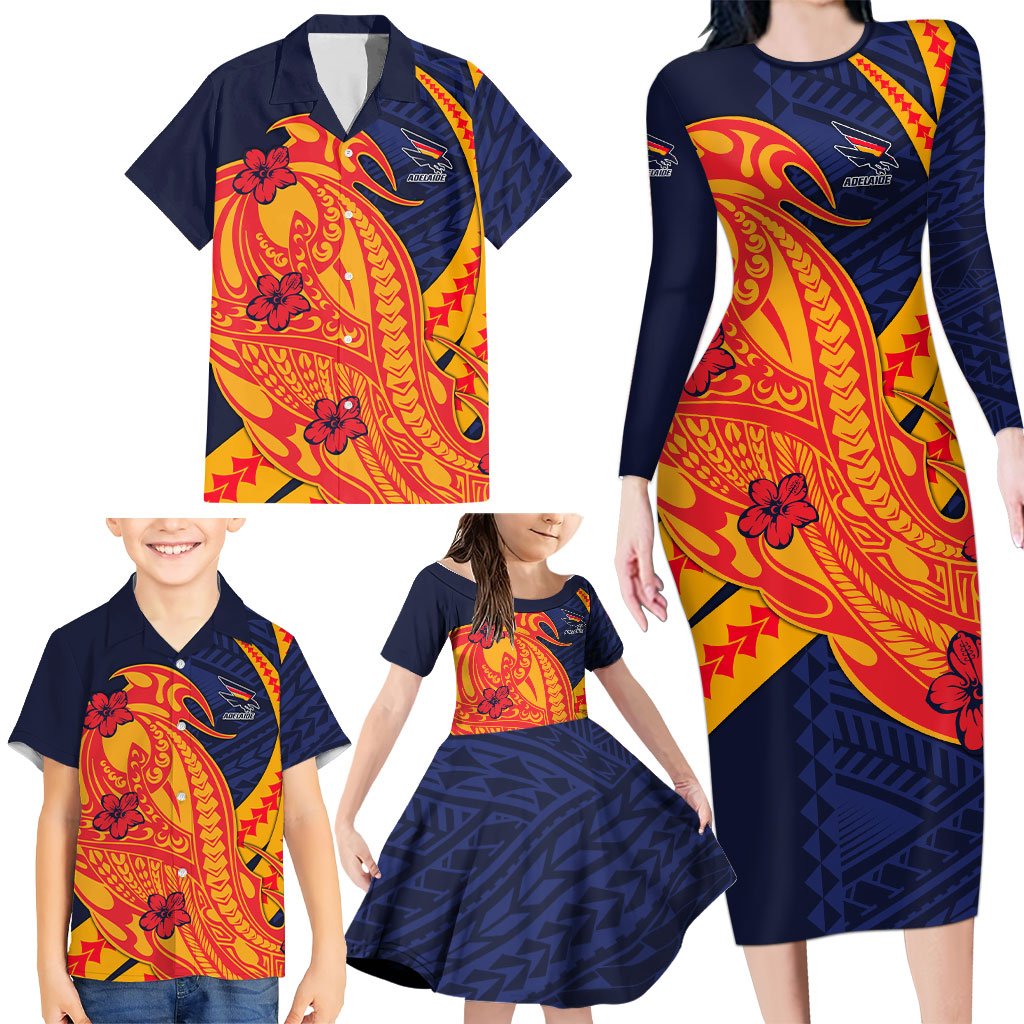 Personalized Adelaide Crows Family Matching Long Sleeve Bodycon Dress and Hawaiian Shirt Polynesian Tribal Crow Mascot With Hibiscus Floral Art