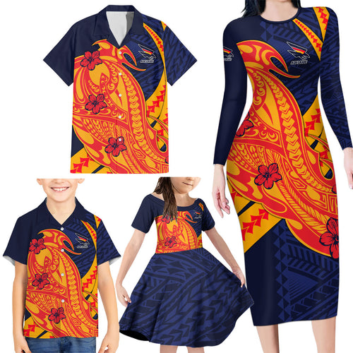 Personalized Adelaide Crows Family Matching Long Sleeve Bodycon Dress and Hawaiian Shirt Polynesian Tribal Crow Mascot With Hibiscus Floral Art