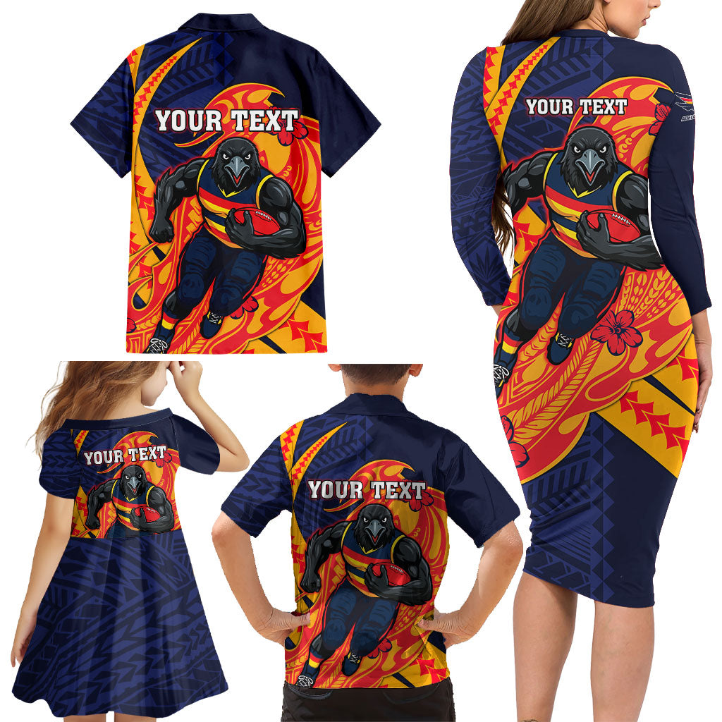 Personalized Adelaide Crows Family Matching Long Sleeve Bodycon Dress and Hawaiian Shirt Polynesian Tribal Crow Mascot With Hibiscus Floral Art