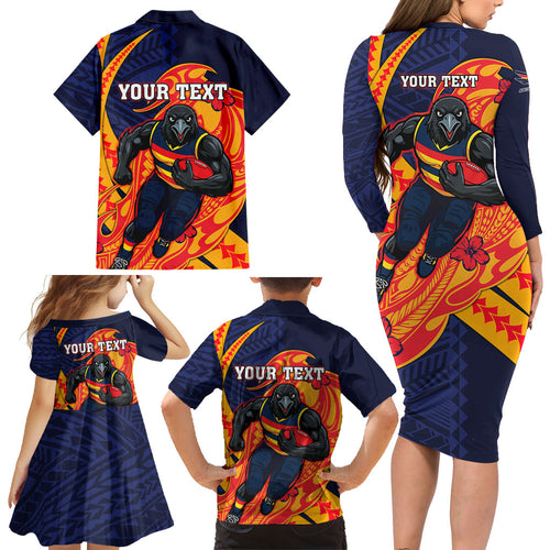 Personalized Adelaide Crows Family Matching Long Sleeve Bodycon Dress and Hawaiian Shirt Polynesian Tribal Crow Mascot With Hibiscus Floral Art
