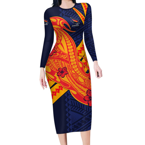 Personalized Adelaide Crows Family Matching Long Sleeve Bodycon Dress and Hawaiian Shirt Polynesian Tribal Crow Mascot With Hibiscus Floral Art