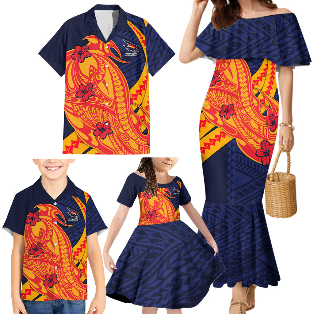 Personalized Adelaide Crows Family Matching Mermaid Dress and Hawaiian Shirt Polynesian Tribal Crow Mascot With Hibiscus Floral Art