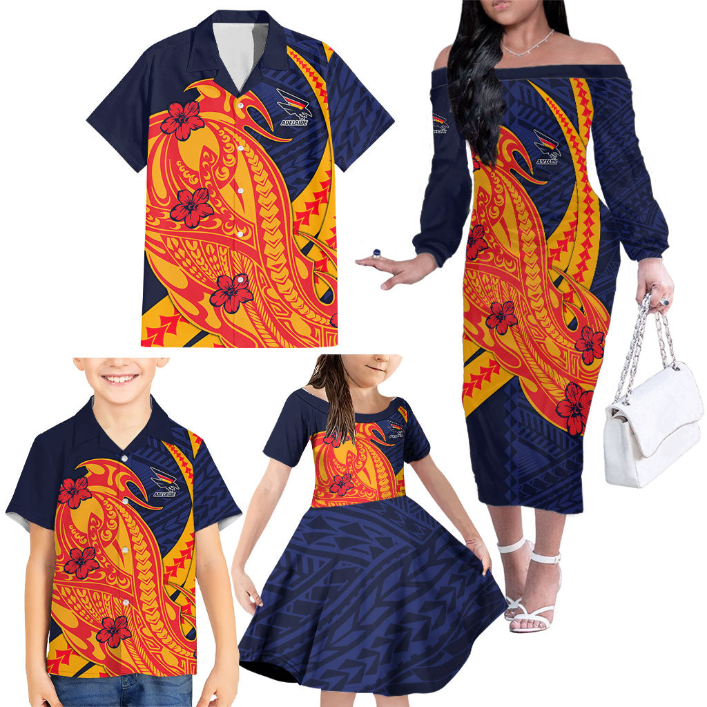 Personalized Adelaide Crows Family Matching Off The Shoulder Long Sleeve Dress and Hawaiian Shirt Polynesian Tribal Crow Mascot With Hibiscus Floral Art