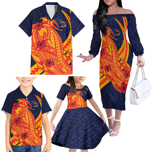 Personalized Adelaide Crows Family Matching Off The Shoulder Long Sleeve Dress and Hawaiian Shirt Polynesian Tribal Crow Mascot With Hibiscus Floral Art