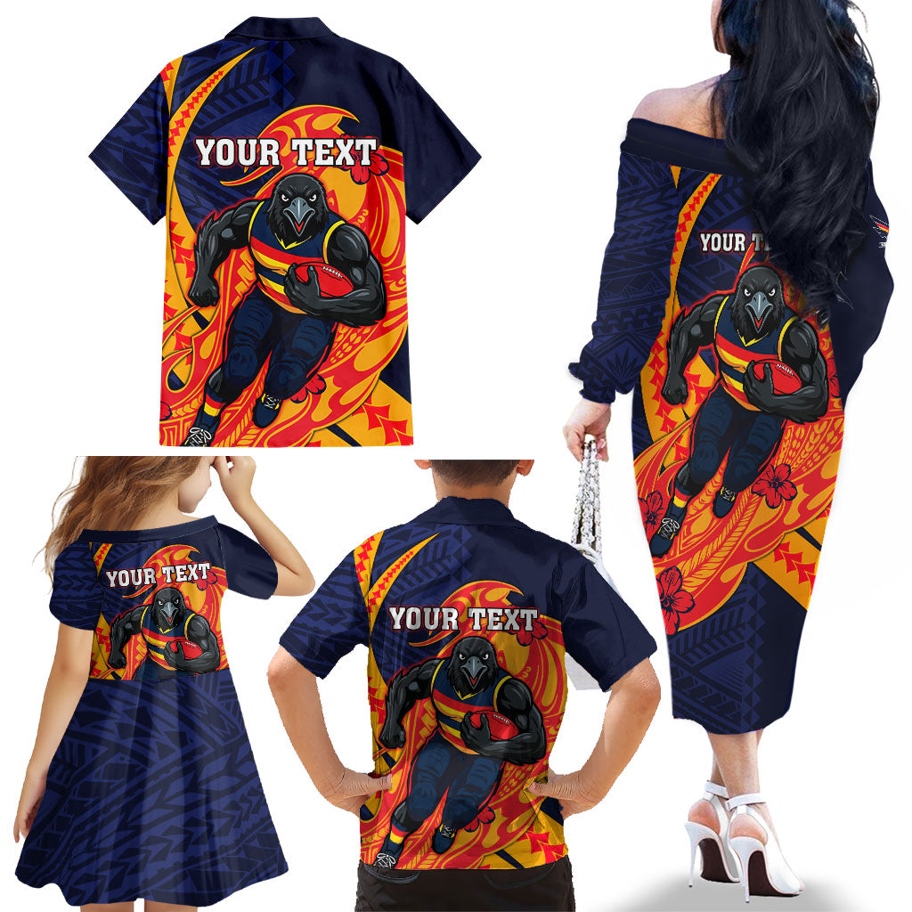 Personalized Adelaide Crows Family Matching Off The Shoulder Long Sleeve Dress and Hawaiian Shirt Polynesian Tribal Crow Mascot With Hibiscus Floral Art