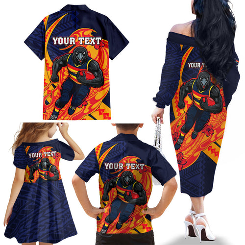 Personalized Adelaide Crows Family Matching Off The Shoulder Long Sleeve Dress and Hawaiian Shirt Polynesian Tribal Crow Mascot With Hibiscus Floral Art