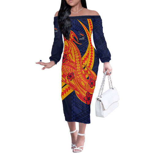 Personalized Adelaide Crows Family Matching Off The Shoulder Long Sleeve Dress and Hawaiian Shirt Polynesian Tribal Crow Mascot With Hibiscus Floral Art