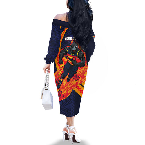 Personalized Adelaide Crows Family Matching Off The Shoulder Long Sleeve Dress and Hawaiian Shirt Polynesian Tribal Crow Mascot With Hibiscus Floral Art