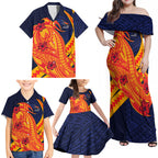 Personalized Adelaide Crows Family Matching Off Shoulder Maxi Dress and Hawaiian Shirt Polynesian Tribal Crow Mascot With Hibiscus Floral Art