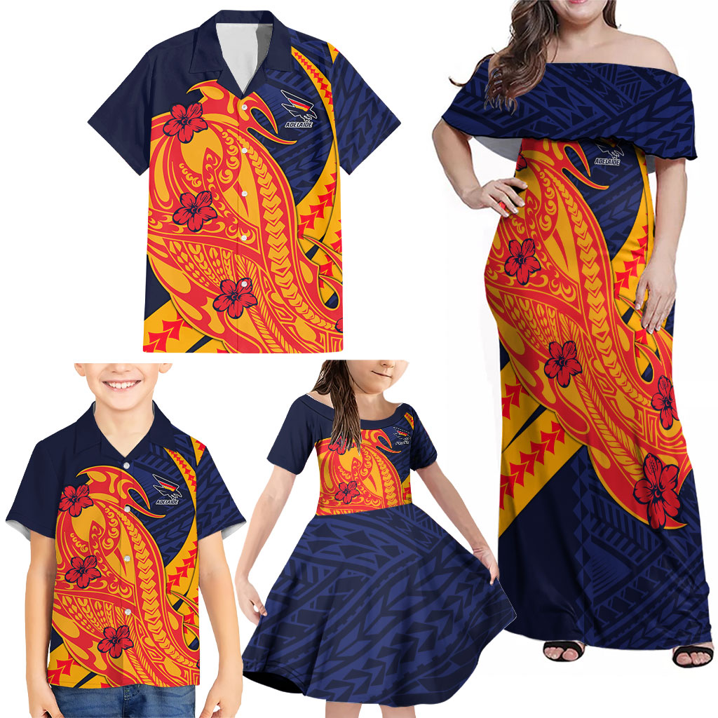 Personalized Adelaide Crows Family Matching Off Shoulder Maxi Dress and Hawaiian Shirt Polynesian Tribal Crow Mascot With Hibiscus Floral Art