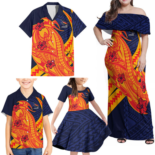 Personalized Adelaide Crows Family Matching Off Shoulder Maxi Dress and Hawaiian Shirt Polynesian Tribal Crow Mascot With Hibiscus Floral Art