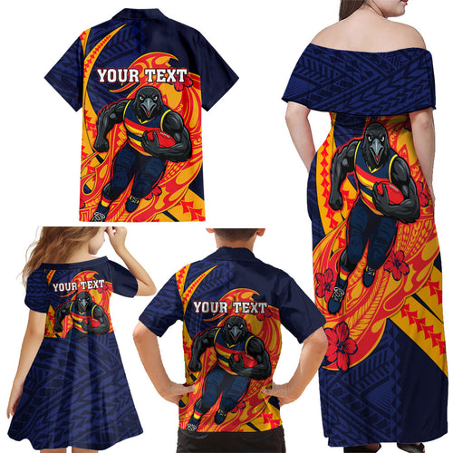 Personalized Adelaide Crows Family Matching Off Shoulder Maxi Dress and Hawaiian Shirt Polynesian Tribal Crow Mascot With Hibiscus Floral Art