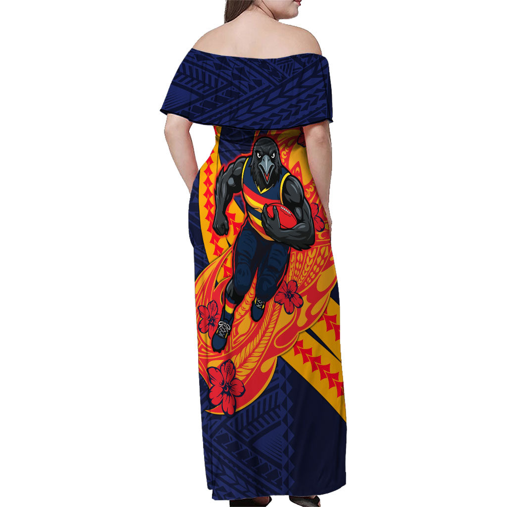 Personalized Adelaide Crows Family Matching Off Shoulder Maxi Dress and Hawaiian Shirt Polynesian Tribal Crow Mascot With Hibiscus Floral Art
