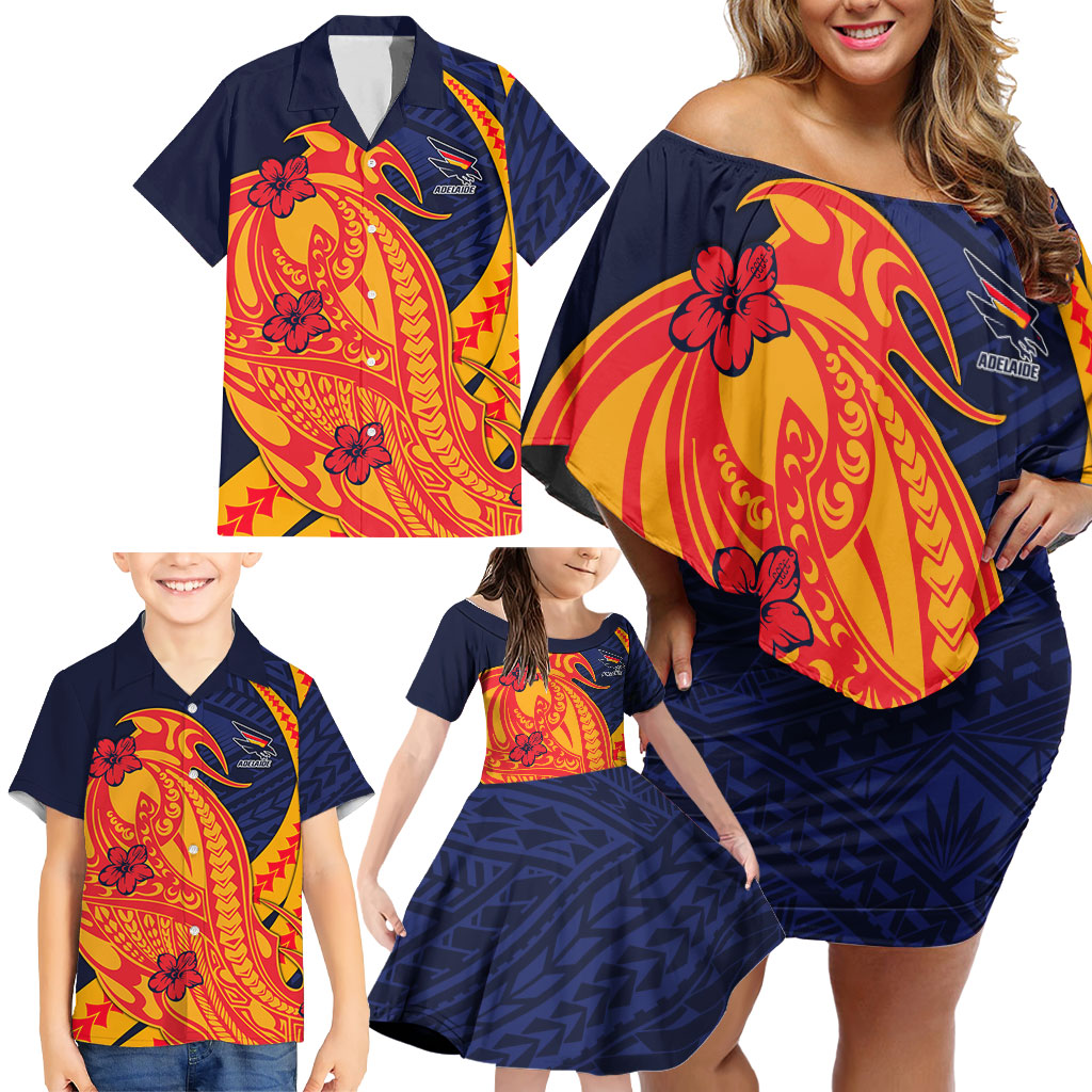 Personalized Adelaide Crows Family Matching Off Shoulder Short Dress and Hawaiian Shirt Polynesian Tribal Crow Mascot With Hibiscus Floral Art