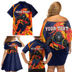 Personalized Adelaide Crows Family Matching Off Shoulder Short Dress and Hawaiian Shirt Polynesian Tribal Crow Mascot With Hibiscus Floral Art