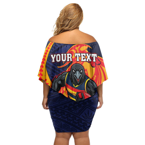 Personalized Adelaide Crows Family Matching Off Shoulder Short Dress and Hawaiian Shirt Polynesian Tribal Crow Mascot With Hibiscus Floral Art