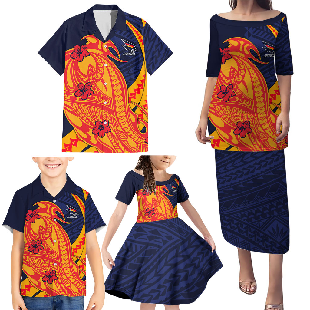 Personalized Adelaide Crows Family Matching Puletasi and Hawaiian Shirt Polynesian Tribal Crow Mascot With Hibiscus Floral Art