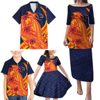 Personalized Adelaide Crows Family Matching Puletasi and Hawaiian Shirt Polynesian Tribal Crow Mascot With Hibiscus Floral Art