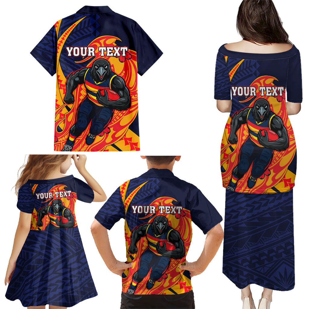 Personalized Adelaide Crows Family Matching Puletasi and Hawaiian Shirt Polynesian Tribal Crow Mascot With Hibiscus Floral Art
