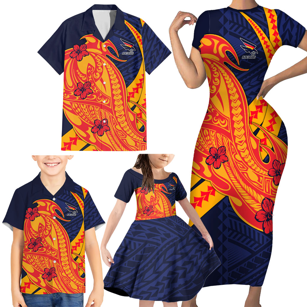 Personalized Adelaide Crows Family Matching Short Sleeve Bodycon Dress and Hawaiian Shirt Polynesian Tribal Crow Mascot With Hibiscus Floral Art