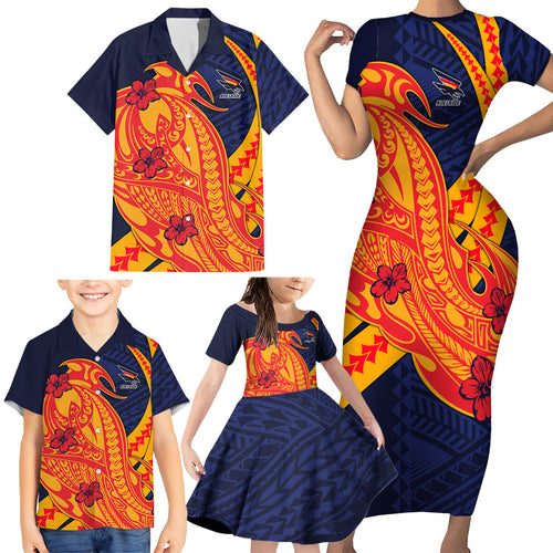 Personalized Adelaide Crows Family Matching Short Sleeve Bodycon Dress and Hawaiian Shirt Polynesian Tribal Crow Mascot With Hibiscus Floral Art