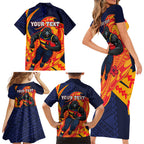 Personalized Adelaide Crows Family Matching Short Sleeve Bodycon Dress and Hawaiian Shirt Polynesian Tribal Crow Mascot With Hibiscus Floral Art