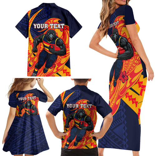Personalized Adelaide Crows Family Matching Short Sleeve Bodycon Dress and Hawaiian Shirt Polynesian Tribal Crow Mascot With Hibiscus Floral Art