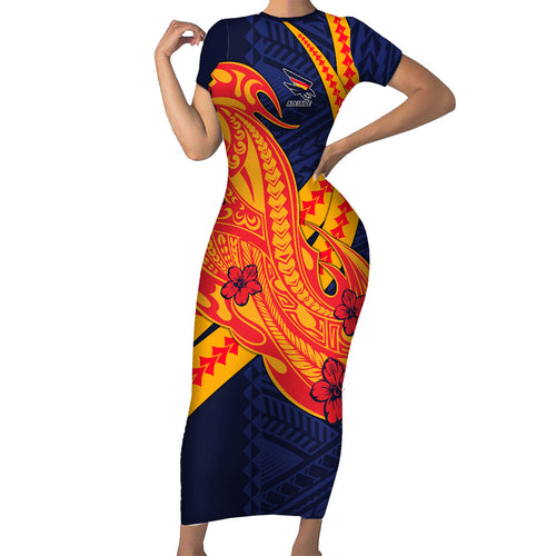 Personalized Adelaide Crows Family Matching Short Sleeve Bodycon Dress and Hawaiian Shirt Polynesian Tribal Crow Mascot With Hibiscus Floral Art