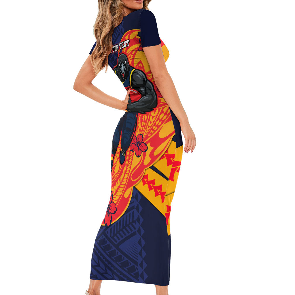 Personalized Adelaide Crows Family Matching Short Sleeve Bodycon Dress and Hawaiian Shirt Polynesian Tribal Crow Mascot With Hibiscus Floral Art