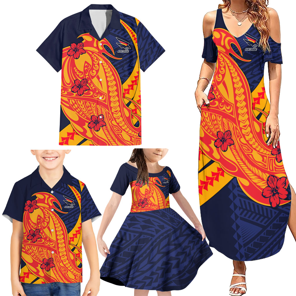 Personalized Adelaide Crows Family Matching Summer Maxi Dress and Hawaiian Shirt Polynesian Tribal Crow Mascot With Hibiscus Floral Art