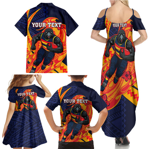 Personalized Adelaide Crows Family Matching Summer Maxi Dress and Hawaiian Shirt Polynesian Tribal Crow Mascot With Hibiscus Floral Art