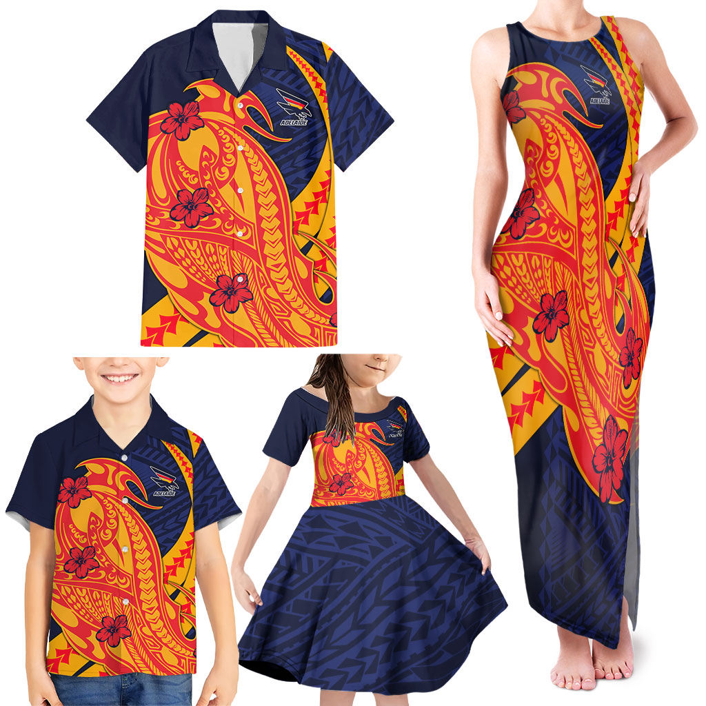Personalized Adelaide Crows Family Matching Tank Maxi Dress and Hawaiian Shirt Polynesian Tribal Crow Mascot With Hibiscus Floral Art