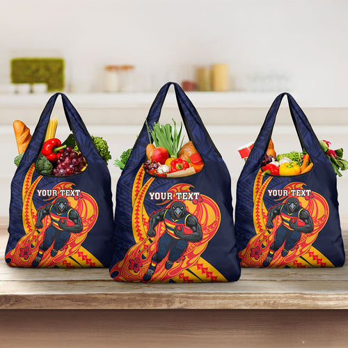 Personalized Adelaide Crows Grocery Bag Polynesian Tribal Crow Mascot With Hibiscus Floral Art