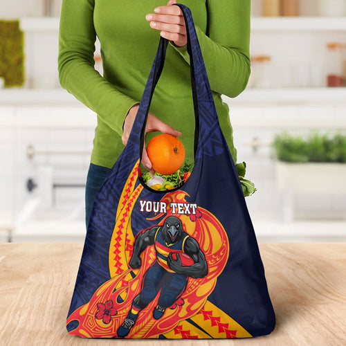 Personalized Adelaide Crows Grocery Bag Polynesian Tribal Crow Mascot With Hibiscus Floral Art