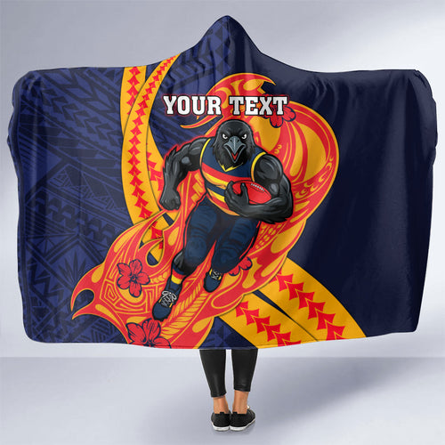 Personalized Adelaide Crows Hooded Blanket Polynesian Tribal Crow Mascot With Hibiscus Floral Art