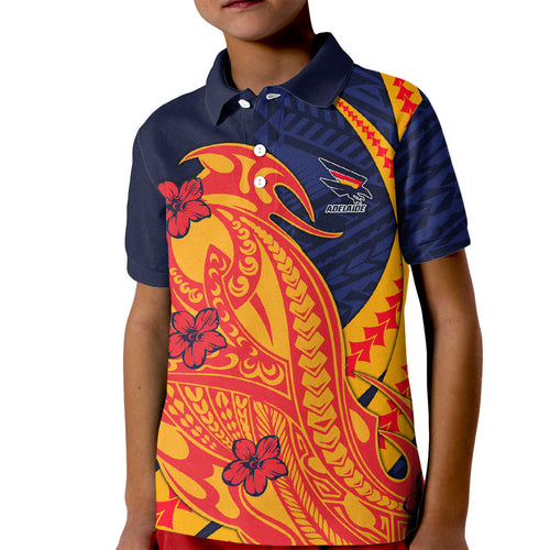 Personalized Adelaide Crows Kid Polo Shirt Polynesian Tribal Crow Mascot With Hibiscus Floral Art