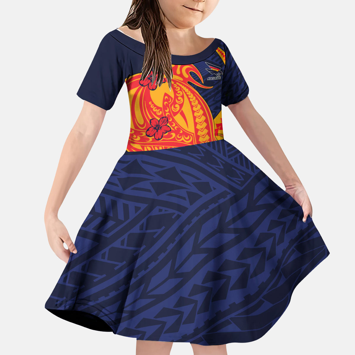 Personalized Adelaide Crows Kid Short Sleeve Dress Polynesian Tribal Crow Mascot With Hibiscus Floral Art