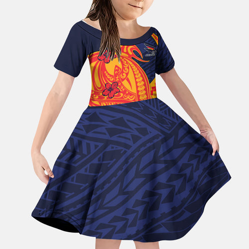 Personalized Adelaide Crows Kid Short Sleeve Dress Polynesian Tribal Crow Mascot With Hibiscus Floral Art